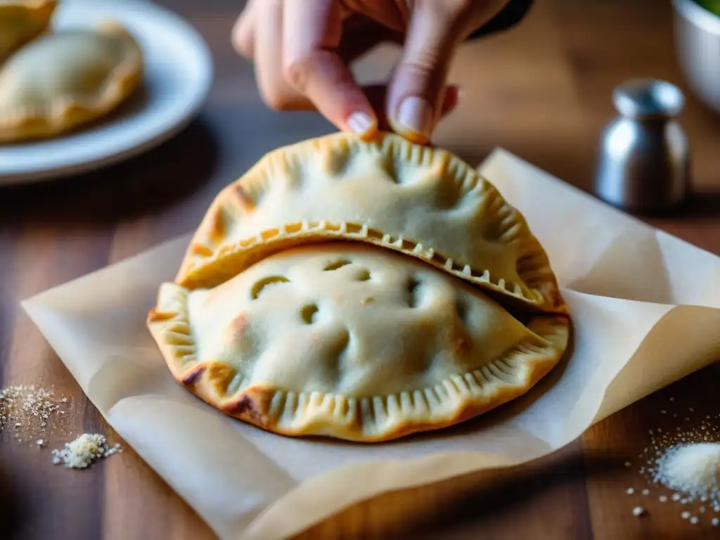 Chef preparando empanadas sin gluten rellenas de carne en detallada imagen realista