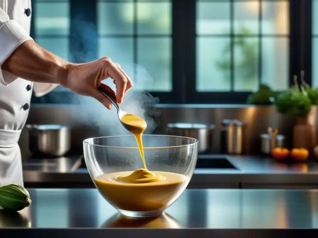 Un chef mezcla una emulsión gourmet sin gluten en una cocina moderna y elegante