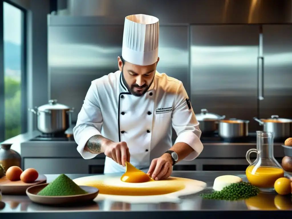 Un chef prepara emulsiones gourmet sin gluten en una cocina moderna y bien equipada, con pasión y precisión