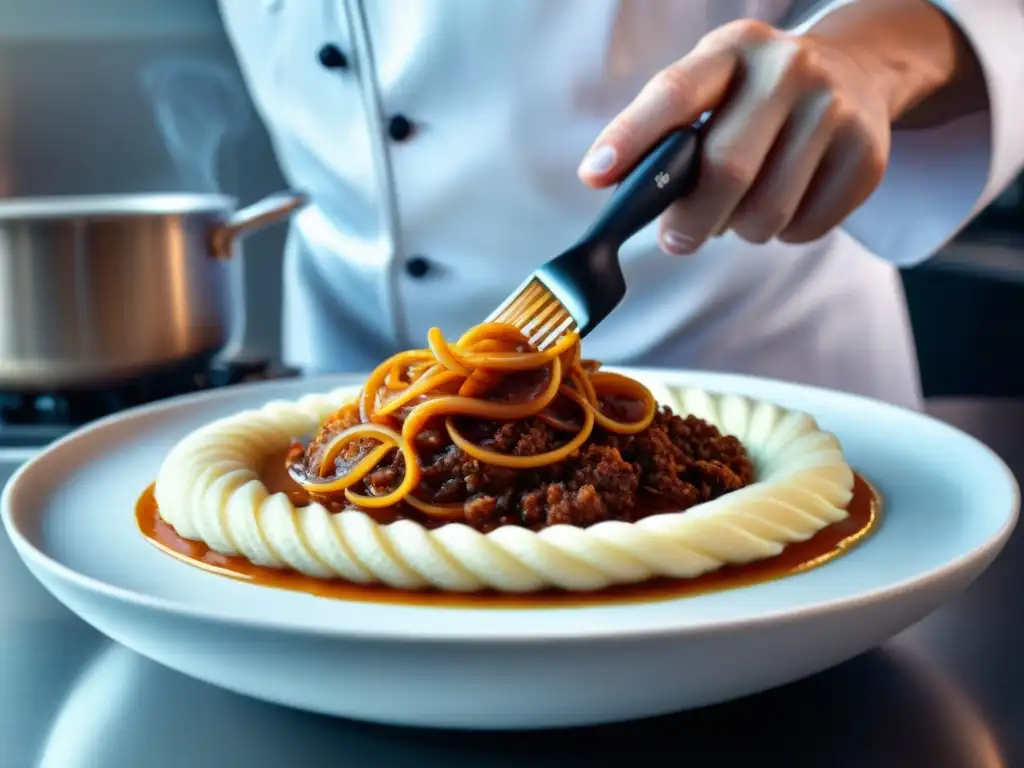 Chef mezclando emulsiones gourmet sin gluten en su cocina moderna, creando una salsa sedosa y deliciosa