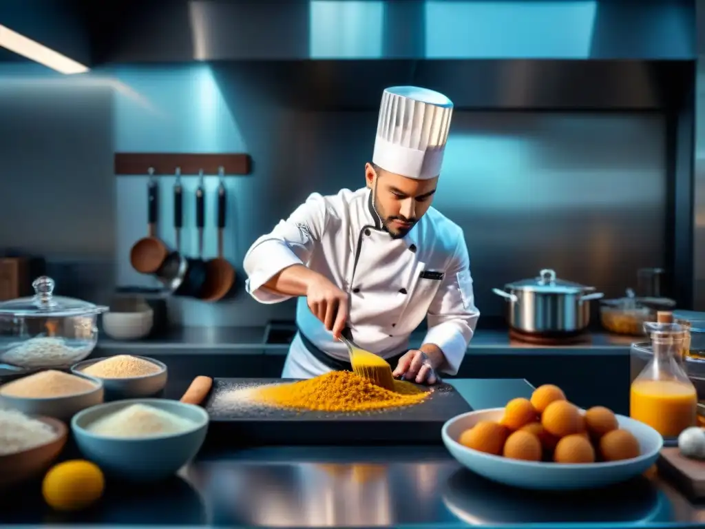 Chef creando emulsiones gourmet sin gluten en cocina moderna