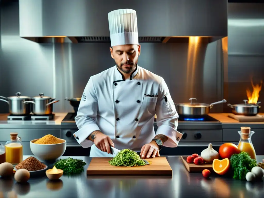Un chef crea emulsiones gourmet sin gluten en una cocina elegante y moderna, transmitiendo sofisticación culinaria