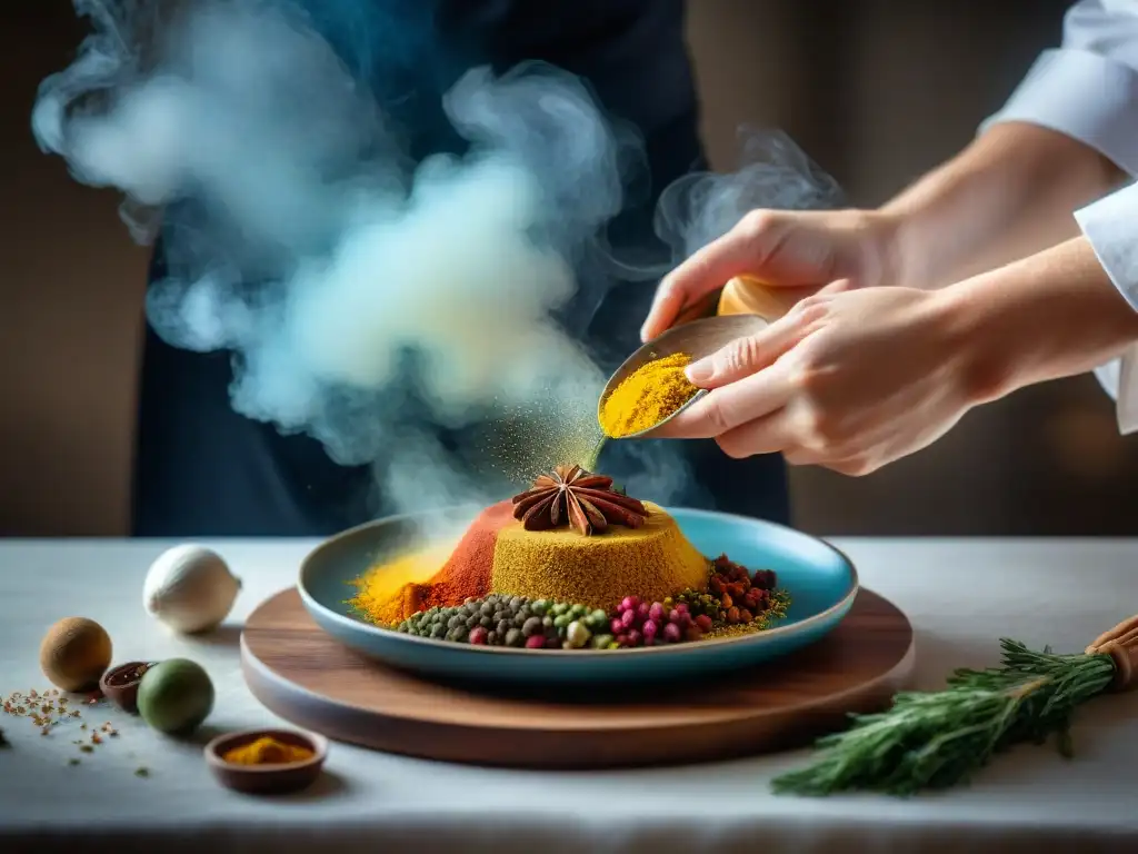Chef experto sazonando plato sin gluten con arte y sabor Un chef espolvoreando especias coloridas sobre un plato sin gluten, mostrando una presentación exquisita y texturas variadas