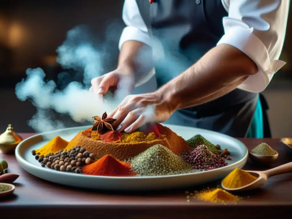 Un chef esparciendo especias coloridas sobre un plato sin gluten, creando una sinfonía visual de sabor y aroma