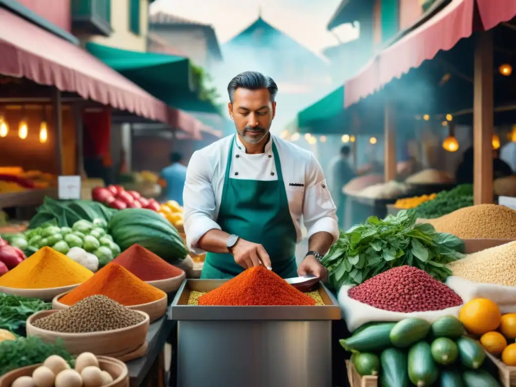 Un chef fusionando especias en un mercado internacional vibrante, reflejando la diversidad culinaria