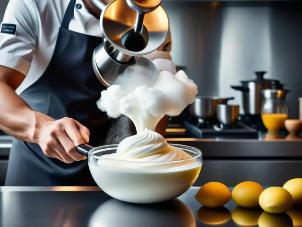 Un chef crea espuma sin gluten con sifón en cocina moderna y elegante