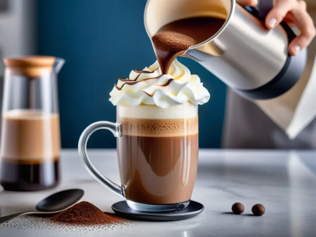 Chef creando espuma sin gluten en chocolate caliente, técnicas de espuma sin gluten en cocina moderna