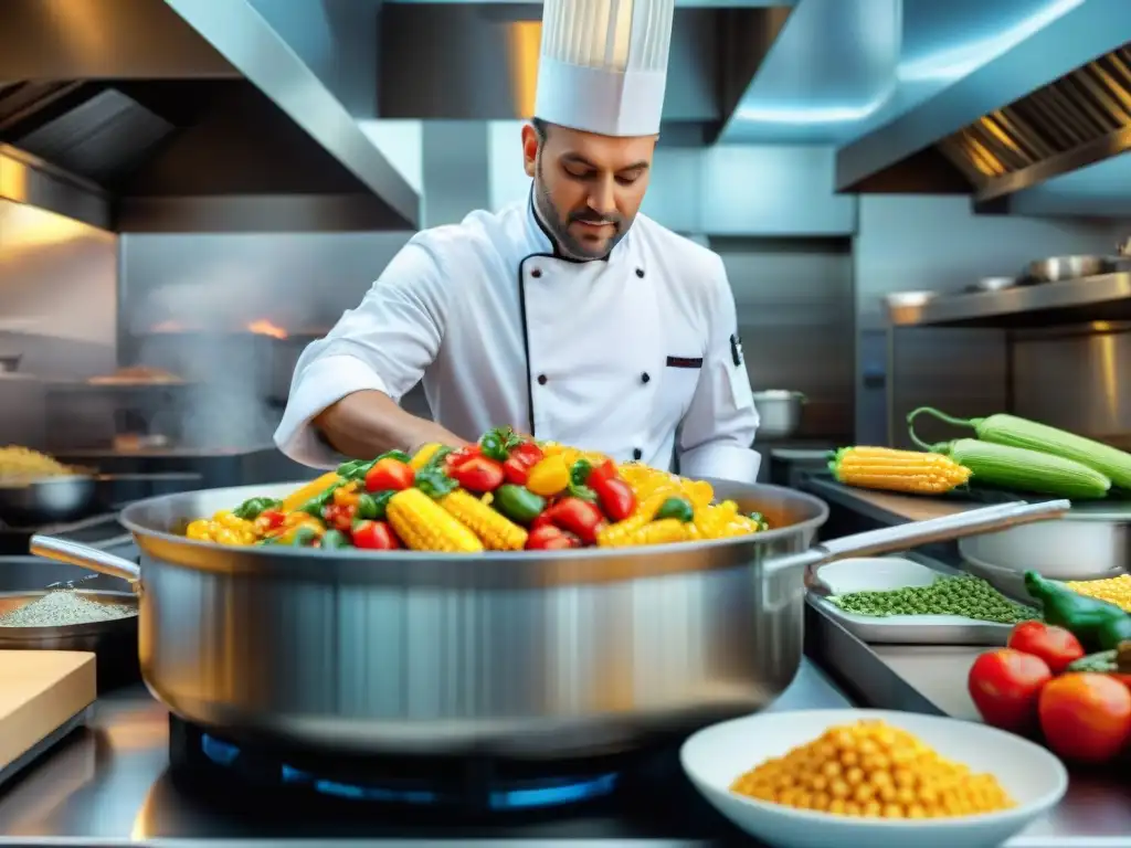 Chef europeo en una cocina bulliciosa, fusionando sabores de América en un platillo sin gluten, reflejando innovación culinaria