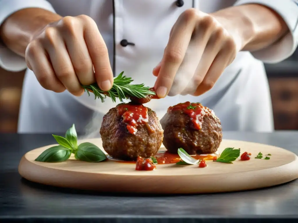 Un chef experto moldea albóndigas sin gluten con cuidado en una cocina bien equipada