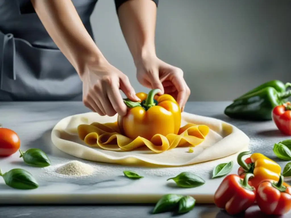 Un chef experto amasa pasta sin gluten textura única en una encimera de mármol