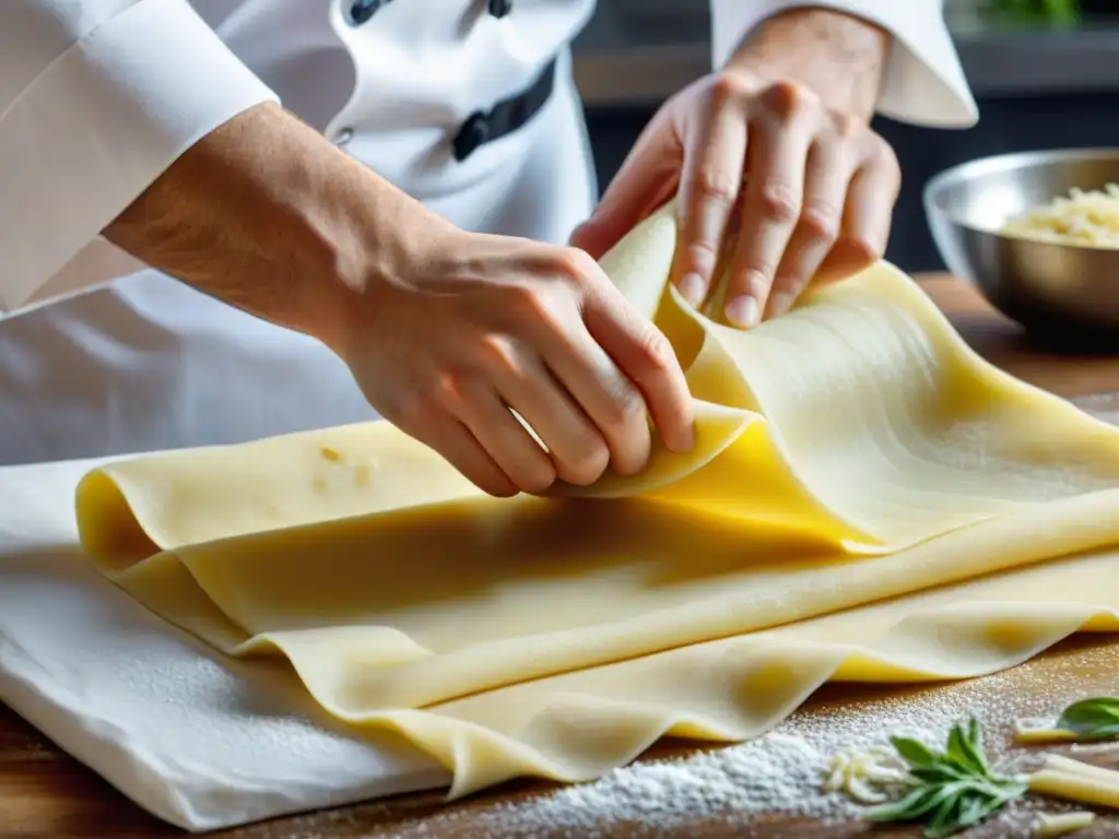 Chef experto enrolla canelones sin gluten Un chef experto prepara canelones sin gluten innovadores, enrollando la pasta con cuidado en una cocina luminosa