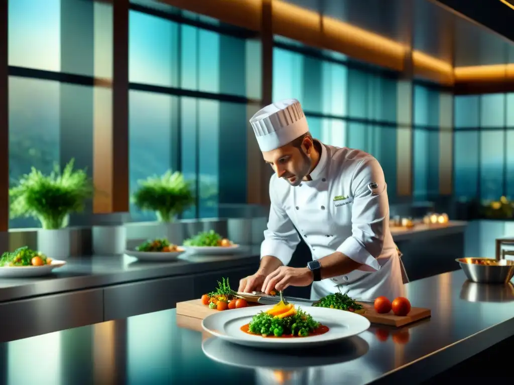 Un chef experto en una cocina de alta gama, preparando un exquisito plato sin gluten