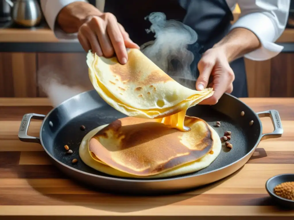 Un chef experto en cocina sin gluten voltea con maestría un crepe dorado en una sartén, creando una atmósfera cálida y acogedora