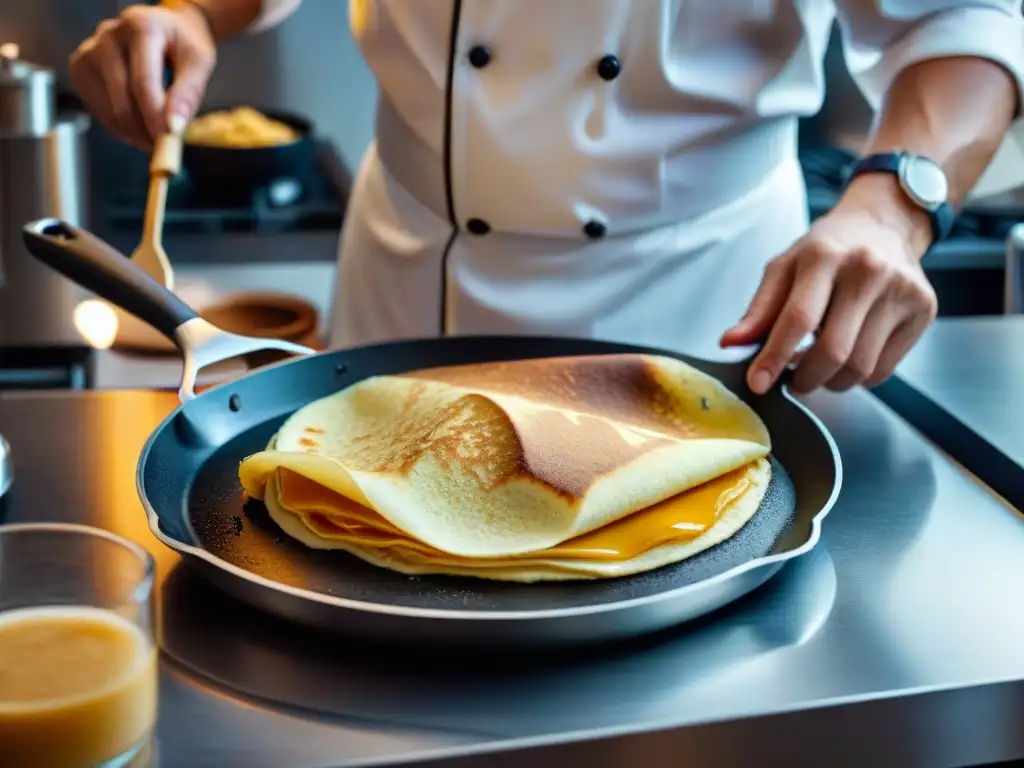 Un chef experto en la cocina prepara un crepe sin gluten con destreza, mostrando su color dorado y textura delicada