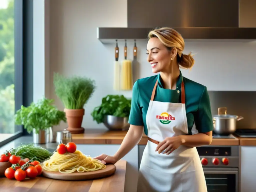 Un chef experto en cocina sin gluten preparando pasta en una cocina vibrante y llena de ingredientes frescos