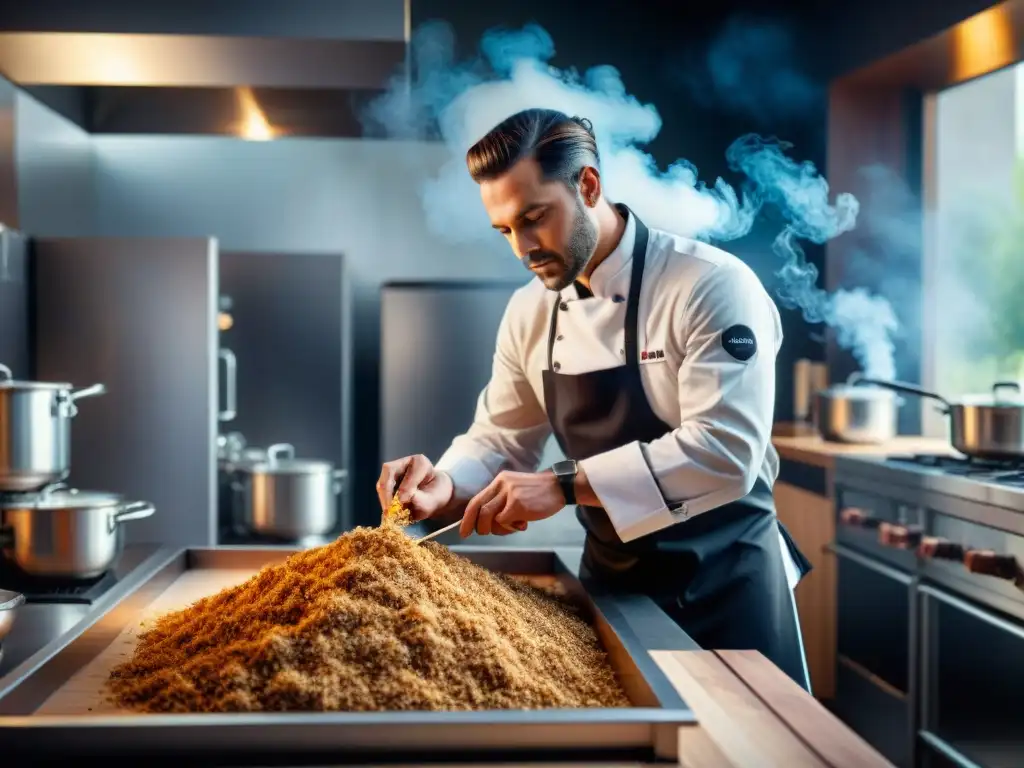 Un chef experto en una cocina moderna usando madera para ahumar sin gluten, mostrando precisión y expertise culinaria