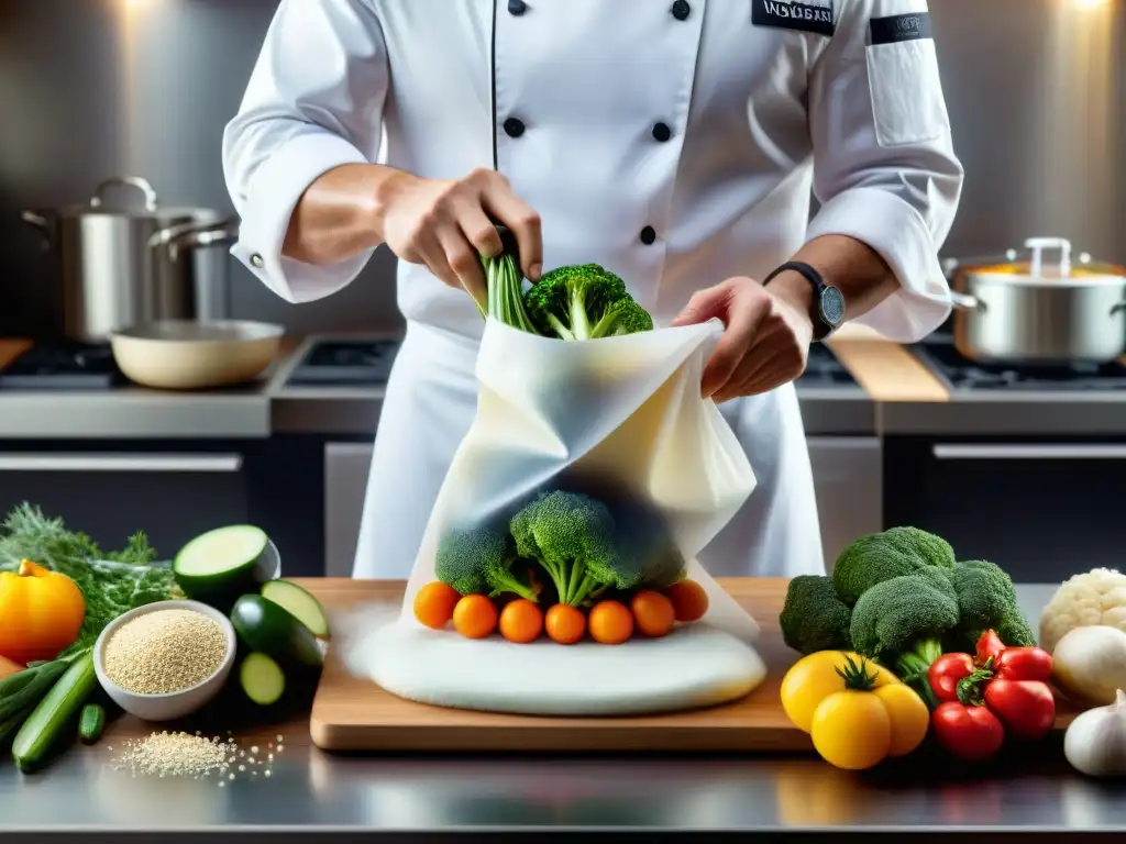 Un chef experto en una cocina moderna preparando bolsa de ingredientes sin gluten para cocción al vacío, rodeado de frescura y precisión culinaria