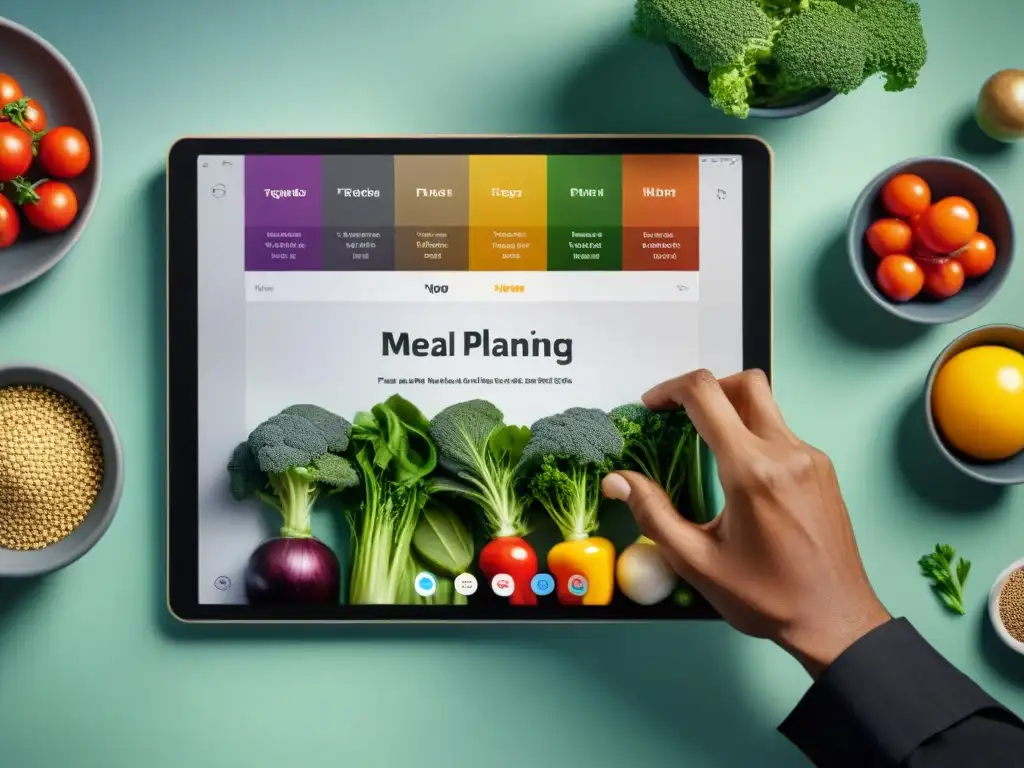 Un chef experto en Planificación de comidas sin gluten selecciona ingredientes frescos y coloridos en una interfaz moderna de tablet