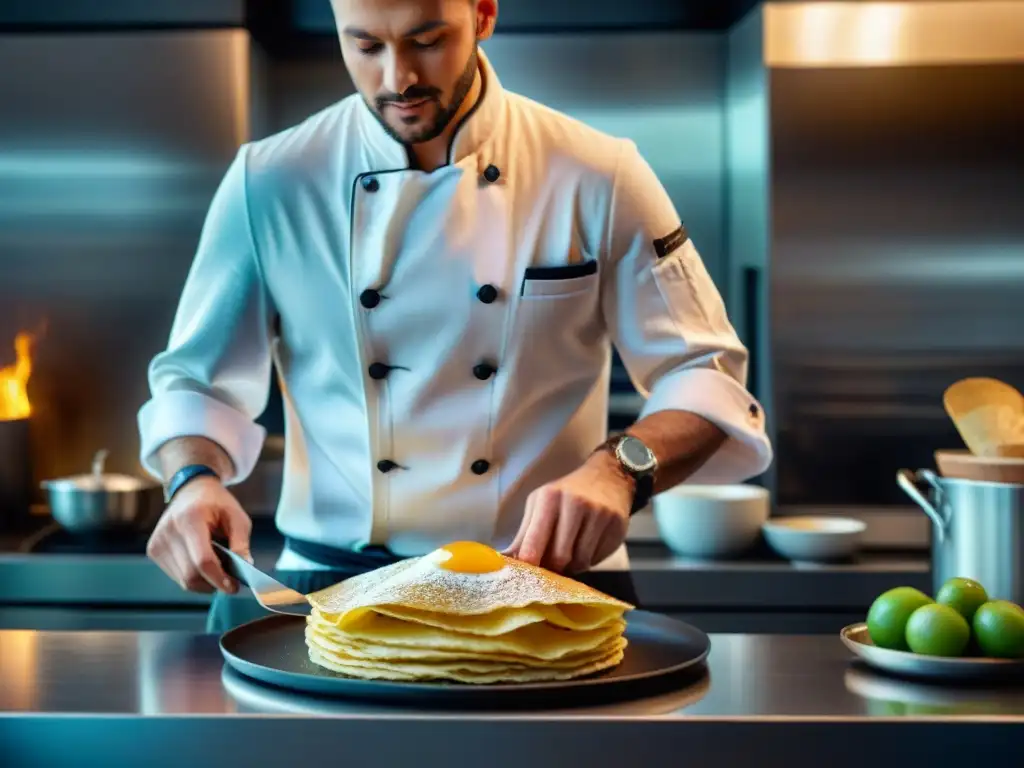 Un chef experto voltea un crepe sin gluten en una cocina moderna