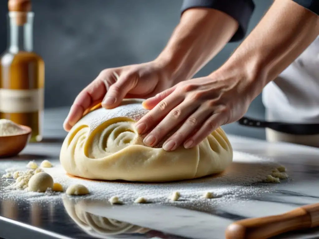 Un chef experto moldea con cuidado una bola de masa sin gluten en una elegante encimera de mármol