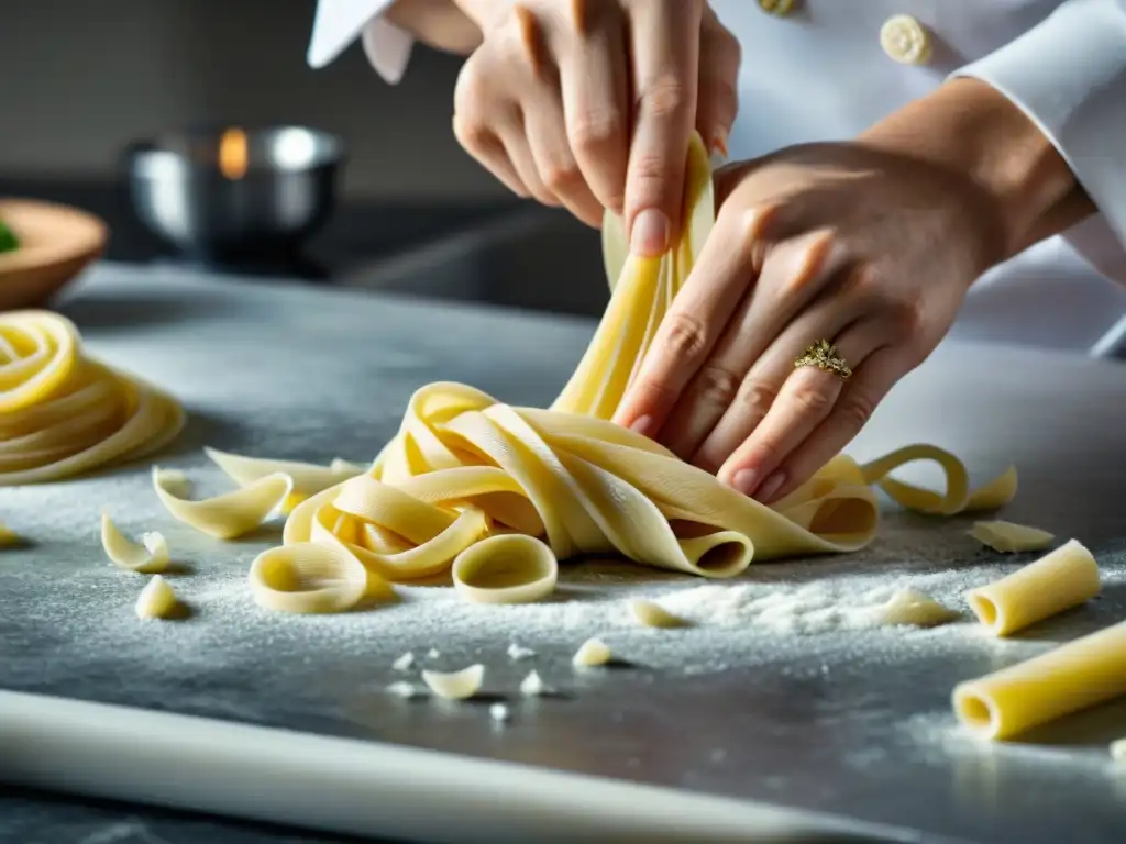 Un chef experto moldea con destreza la masa de pasta sin gluten sobre una encimera de mármol, creando formas delicadas