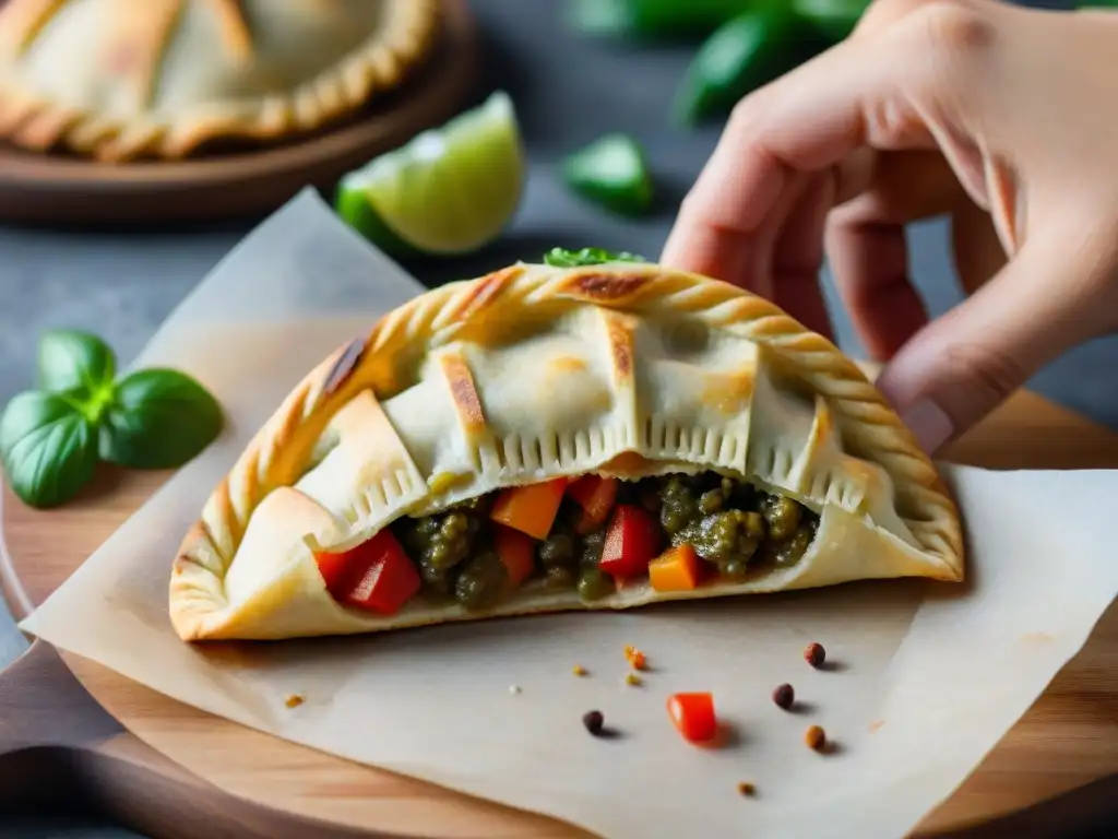 Un chef experto sella una empanada sin gluten con destreza, resaltando la mezcla colorida de ingredientes