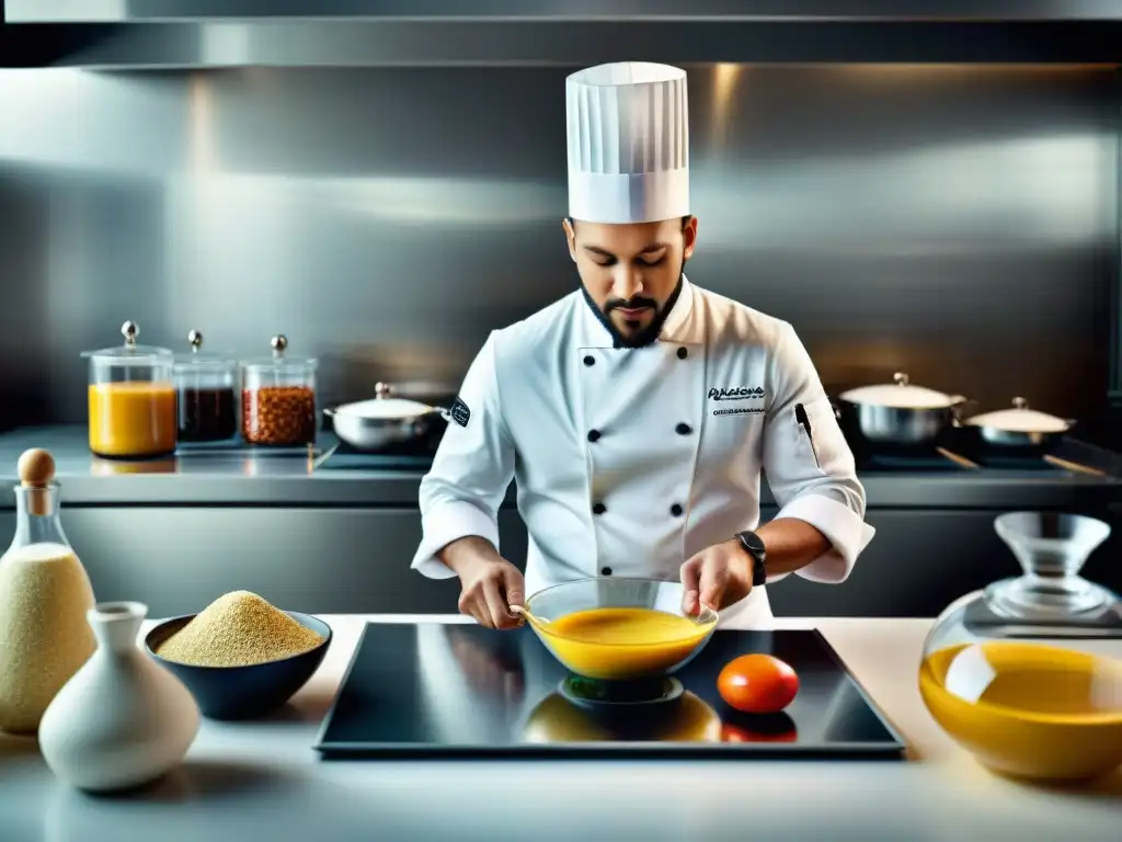 Un chef experto combinando emulsiones gourmet sin gluten en una cocina moderna y elegante