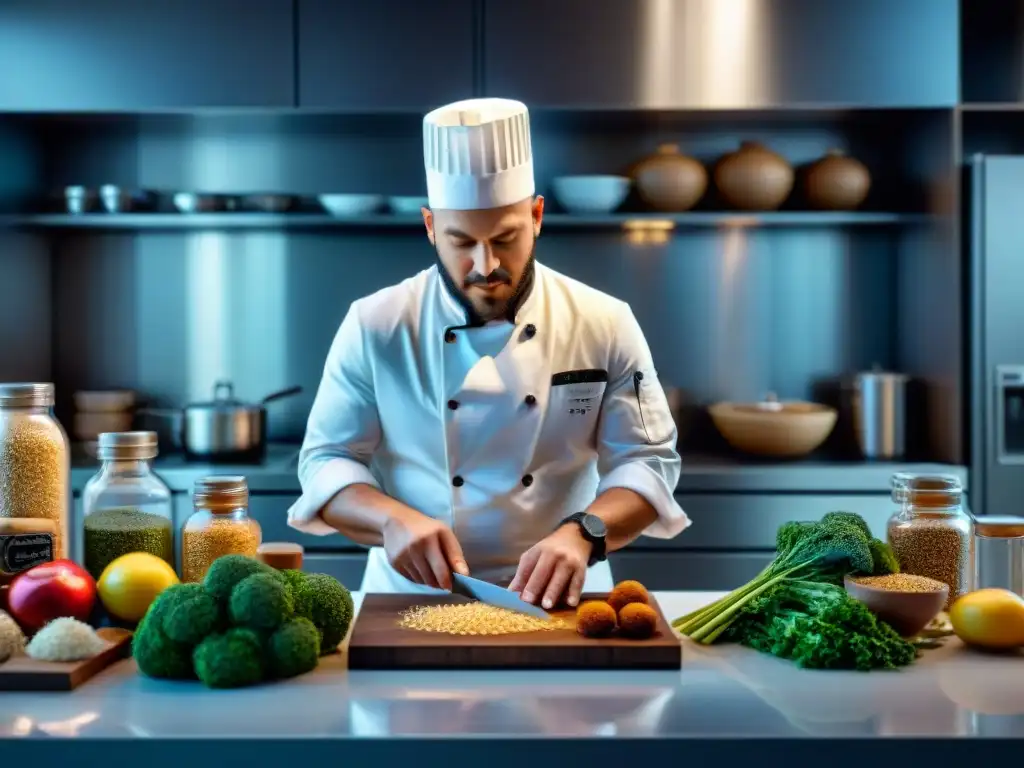 Un chef experto crea una estructura de proteínas sin gluten en una cocina moderna, destacando precisión y creatividad