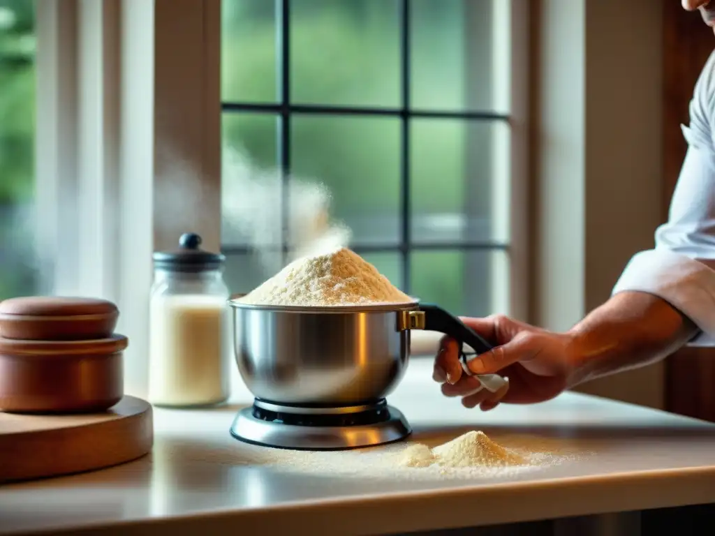 Un chef experto tamiza harina sin gluten con detalle, bajo luz natural