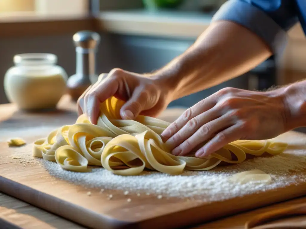 Un chef experto amasa harinas sin gluten para pastas, creando finas hebras de espaguetis en una cálida cocina casera