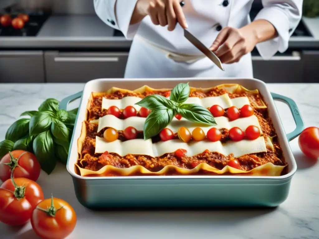 Un chef experto preparando una lasaña sin gluten en una cocina moderna