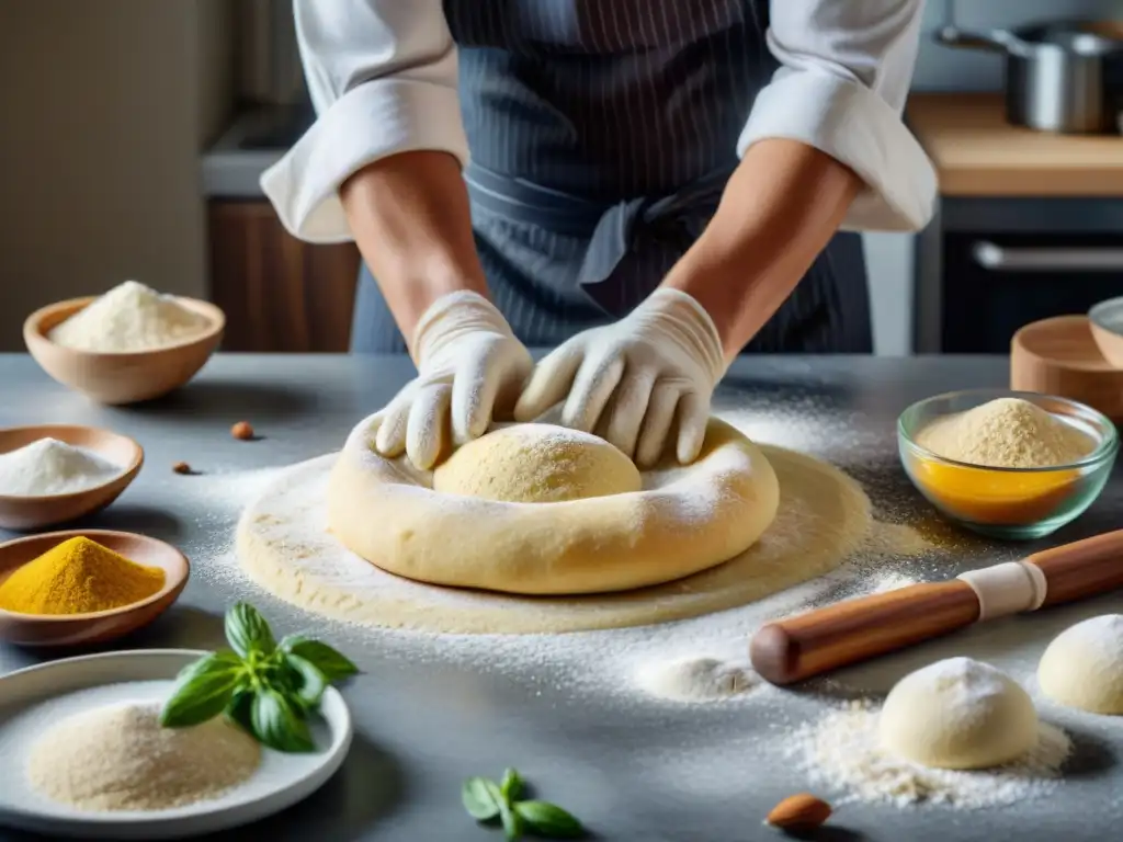 Un chef experto amasa masa sin gluten en una cocina luminosa