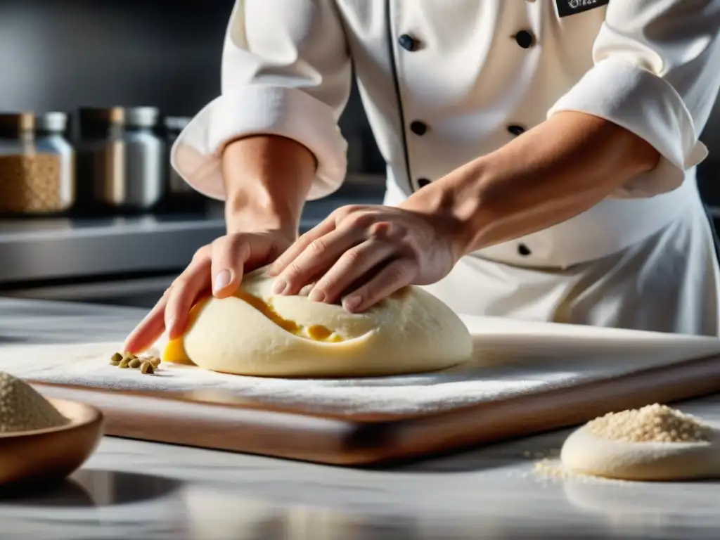 Un chef experto amasa masa sin gluten en una elegante encimera de mármol