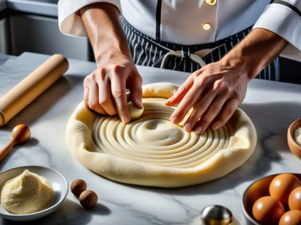 Un chef experto moldeando masa sin gluten en una cocina detallada, mostrando técnicas de cocina sin gluten