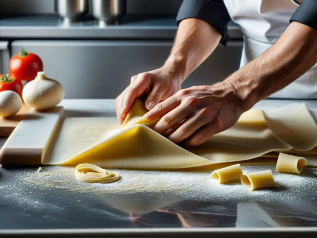 Un chef experto preparando masa sin gluten para recetas de lasañas y canelones en un elegante mostrador de mármol