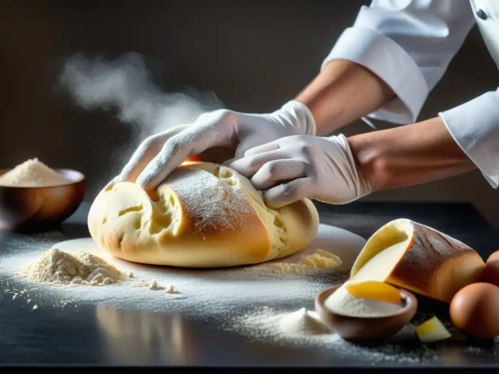 Un chef experto amasando masa sin gluten en una cocina luminosa, con rodillo y harina esparcidos