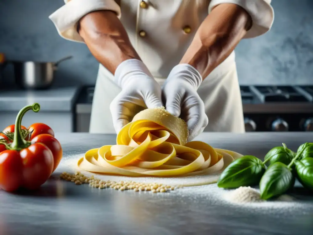 El chef experto amasa una masa de pasta sin gluten con ingredientes innovadores en una cocina luminosa