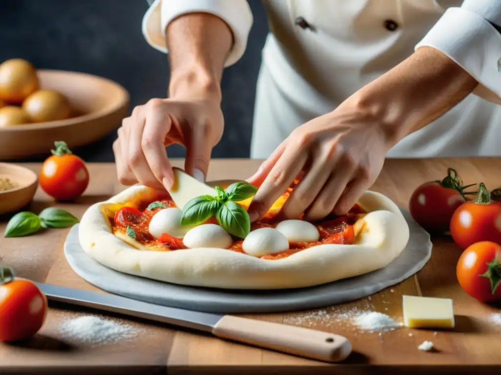 Un chef experto estira con maestría la masa de pizza sin gluten, creando una base crujiente y sabrosa