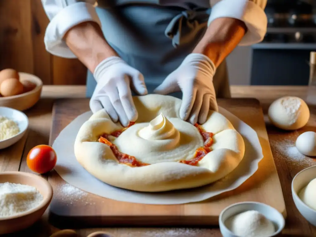 Un chef experto moldea masa de pizza sin gluten, creando una base perfecta con un borde inflado y aireado