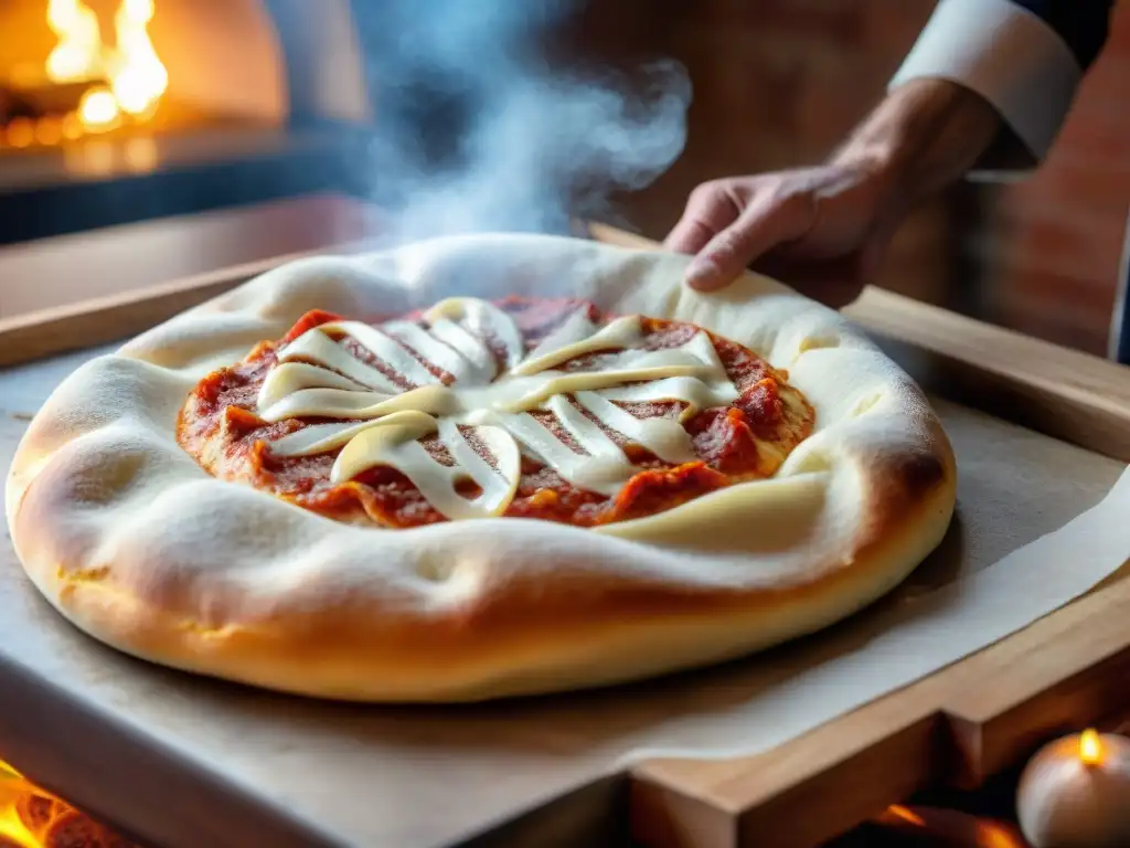 Un chef experto estira la masa de pizza sin gluten, creando un borde inflado perfecto en una cocina rústica