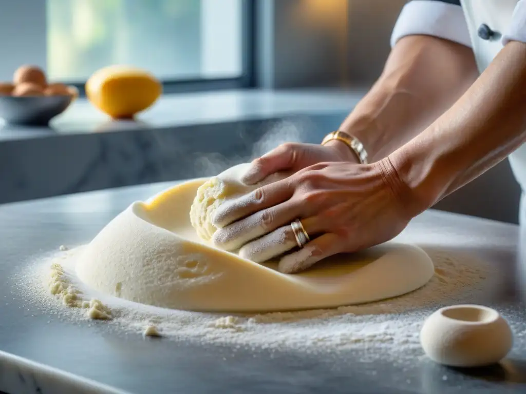 Un chef experto amasa masa sin gluten en mármol