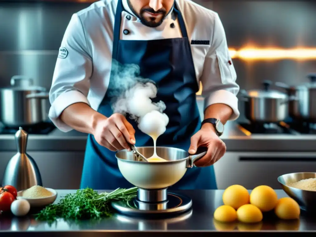 Chef experto usa sifón en moderna cocina para crear espuma sin gluten