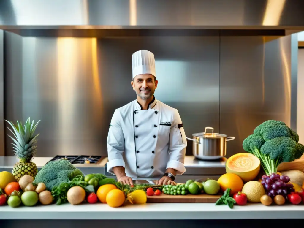 Un chef experto prepara con pasión una comida sin gluten, rodeado de ingredientes frescos y coloridos en una cocina moderna