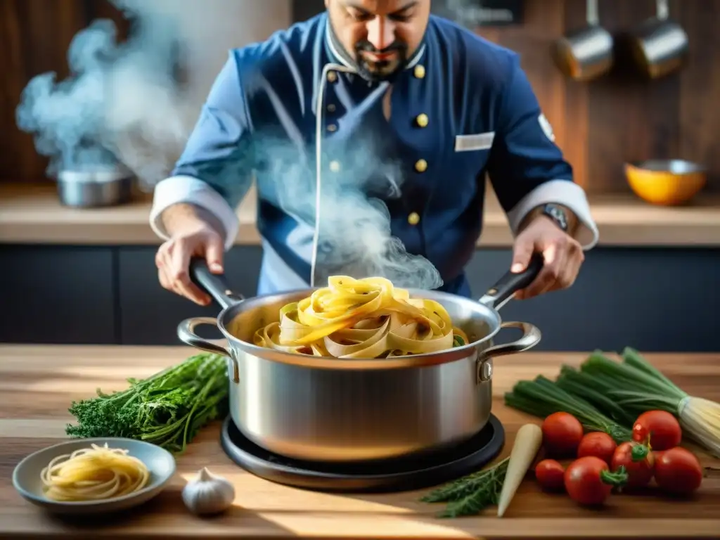 Chef experto preparando pasta sin gluten textura perfecta en cocina rústica