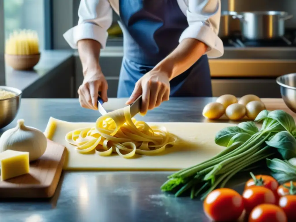 Un chef experto elaborando pasta sin gluten con textura perfecta, rodeado de vegetales y hierbas coloridas en una cocina vibrante