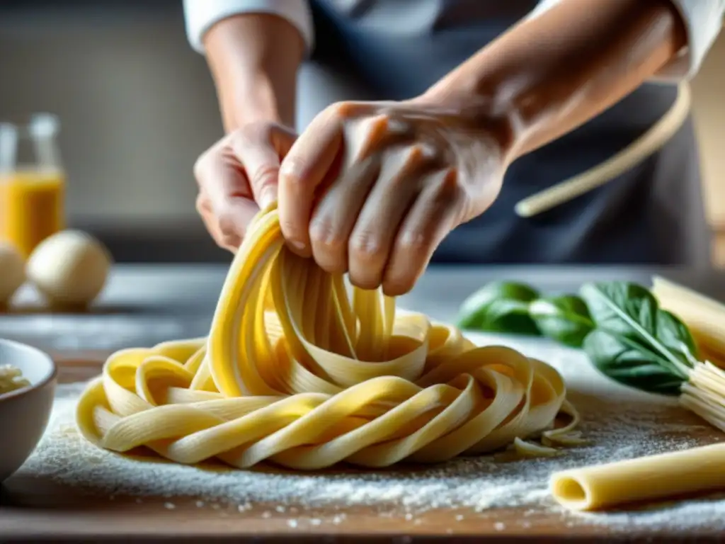 Un chef experto moldea la pasta sin gluten con textura única, mostrando destreza y arte en cada detalle