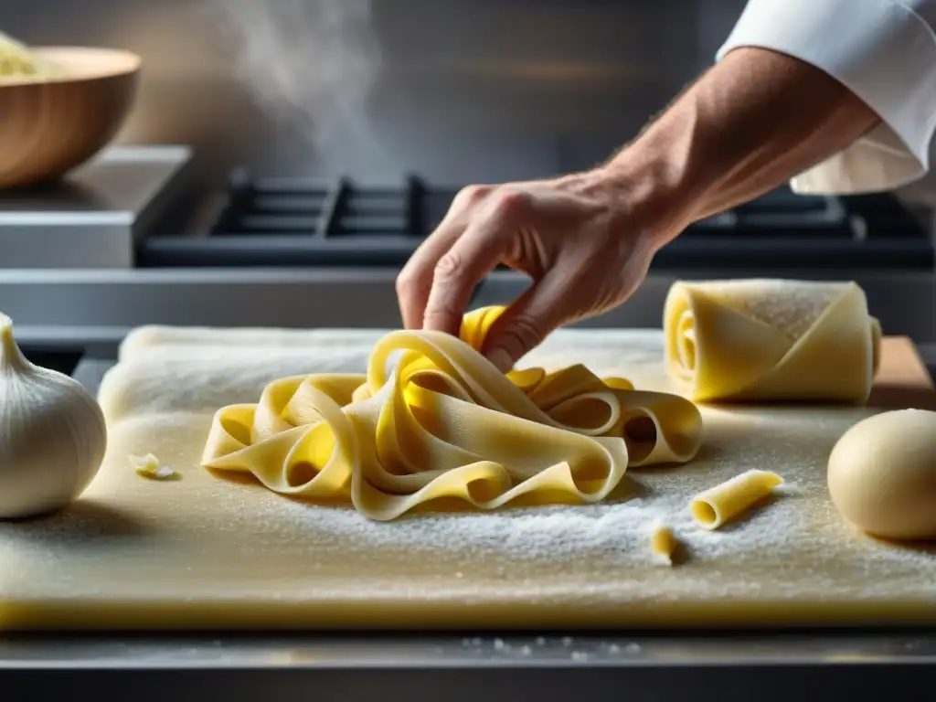 Un chef experto elaborando pasta sin gluten con textura única en una cocina moderna y elegante