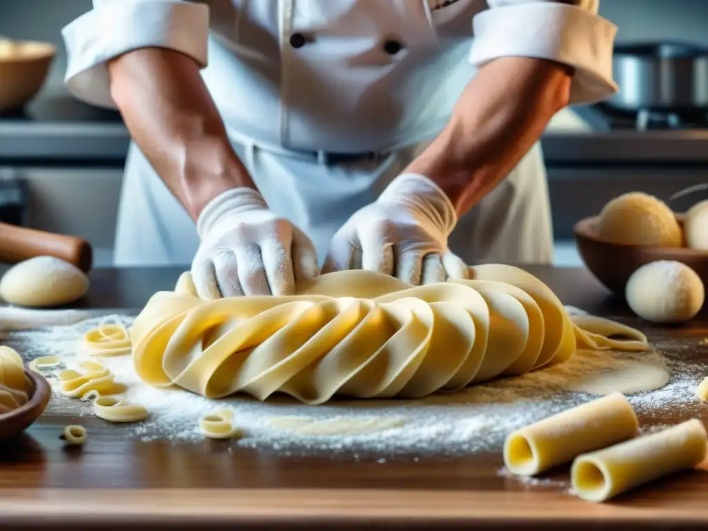 Chef experto preparando pasta sin gluten, mostrando la textura y elasticidad de la masa