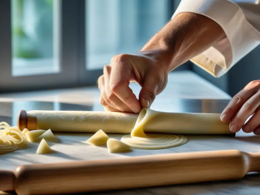 Chef experto elaborando pastas sin gluten con textura, solucionando con precisión sobre mármol