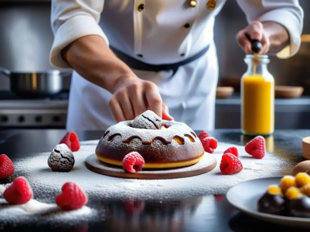 Chef francés experto creando pastelería sin gluten en cocina sofisticada